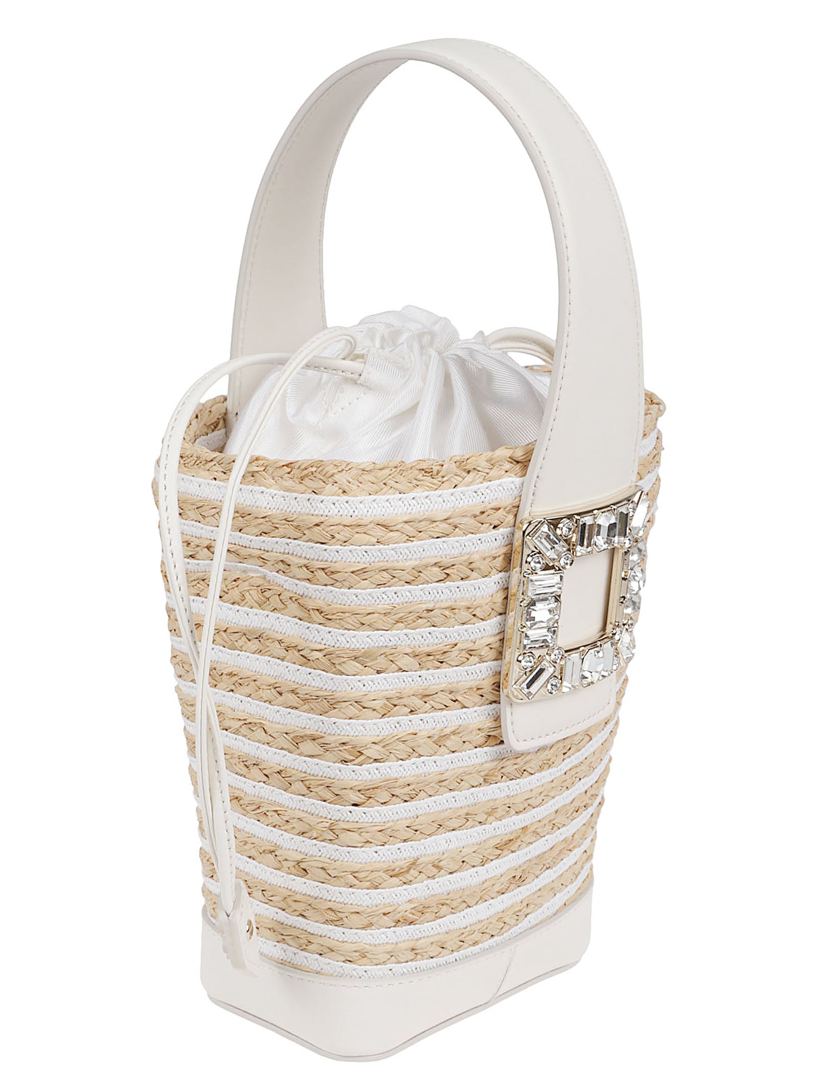 Woven Raffia Bucket Bag with Crystal Buckle Accents