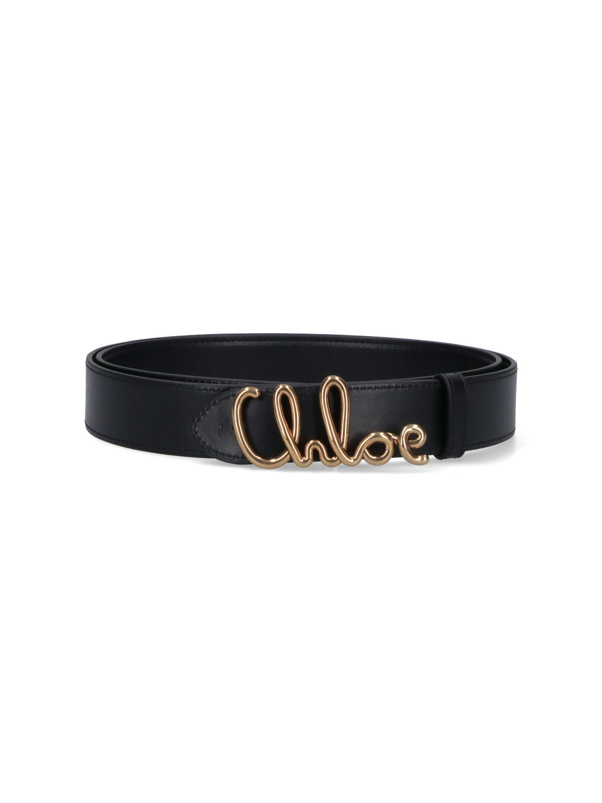 Black Leather Belt with Gold Logo Buckle