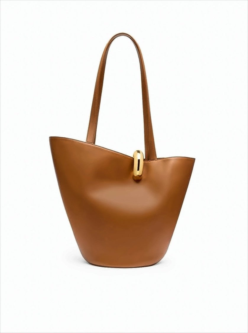 Structured Brown Cow Leather Tote Bag With Gold-Tone Clasp