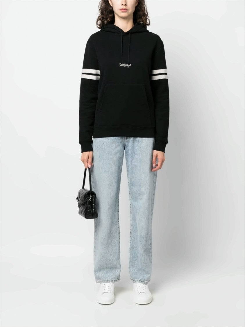 Embroidered Logo Black Hoodie with Striped Sleeves
