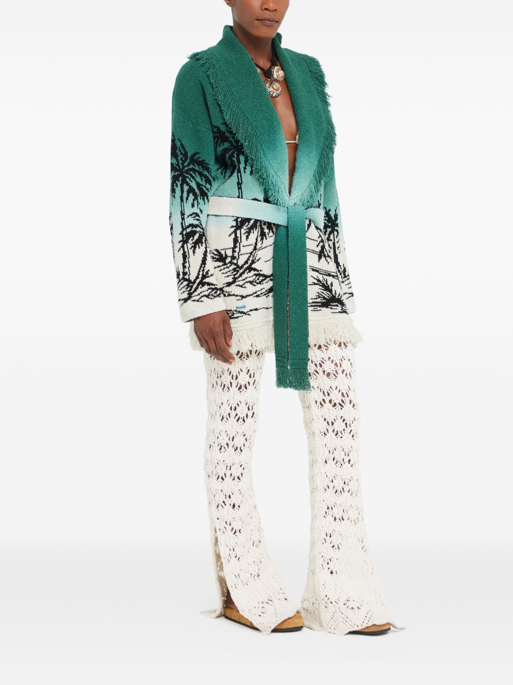 Gradient Knit Sweater With Fringe Shawl Collar