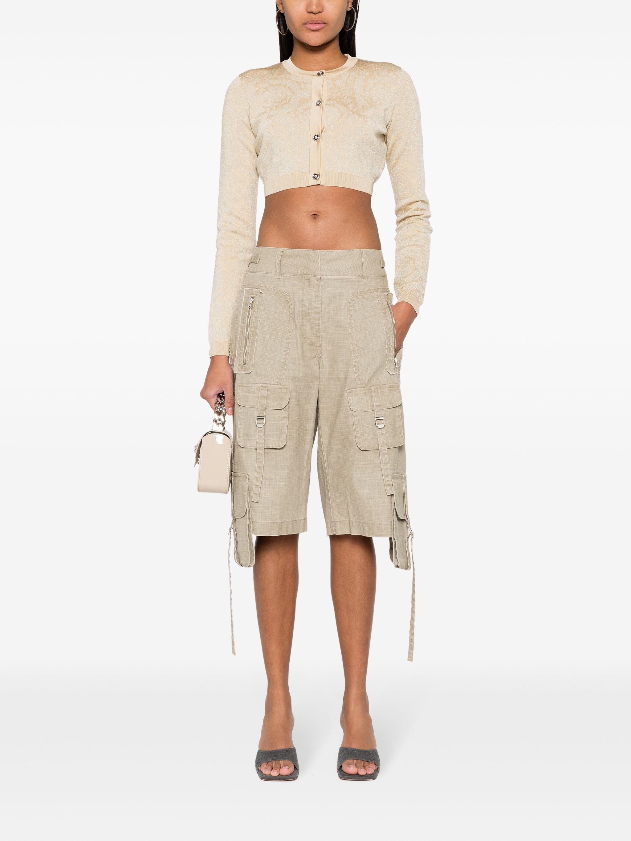 Beige Cropped Baroque Lurex Knit Cardigan