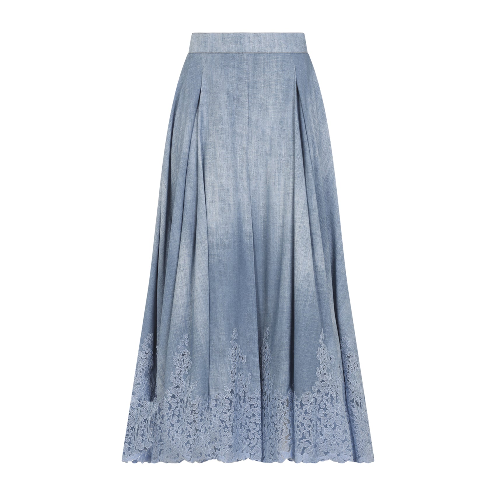 Flowing Pleated Midi Skirt With Floral Lace Hem