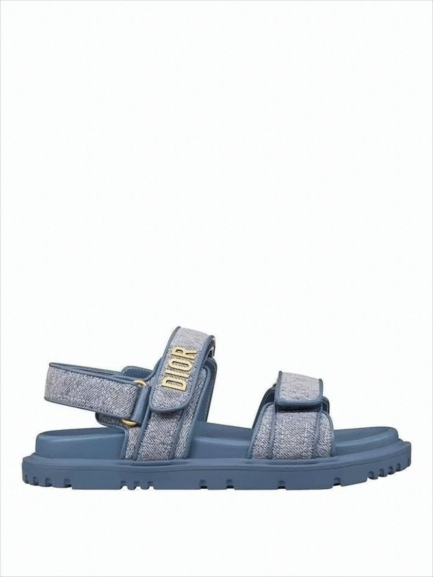 Textured Blue Sandals With Adjustable Straps And Gold-Tone Detailing