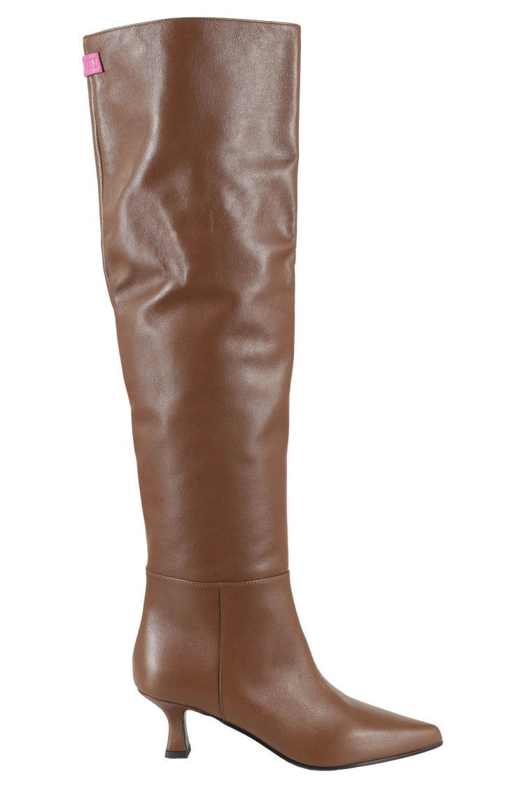 Knee-Length Brown Leather Boots With Pointed Toe