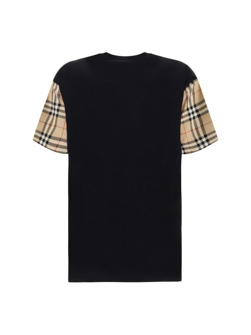 Short-Sleeved T-Shirt with Plaid Patterned Sleeves