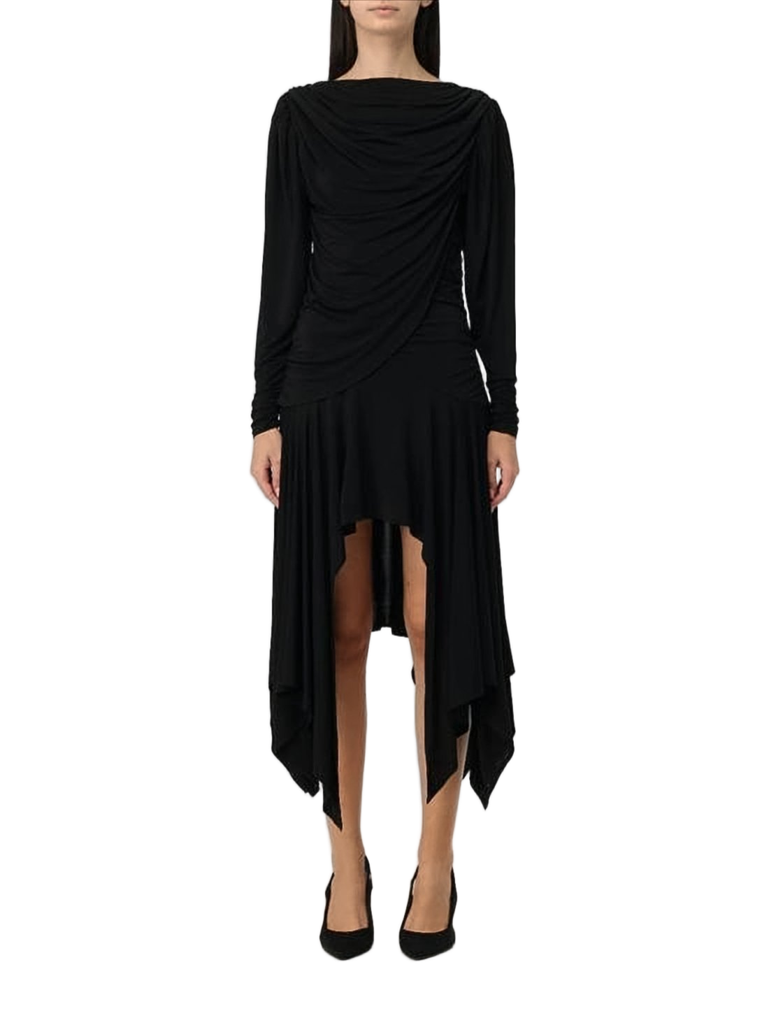 Draped Midi Dress with Ruched Bodice and Asymmetrical Hemline