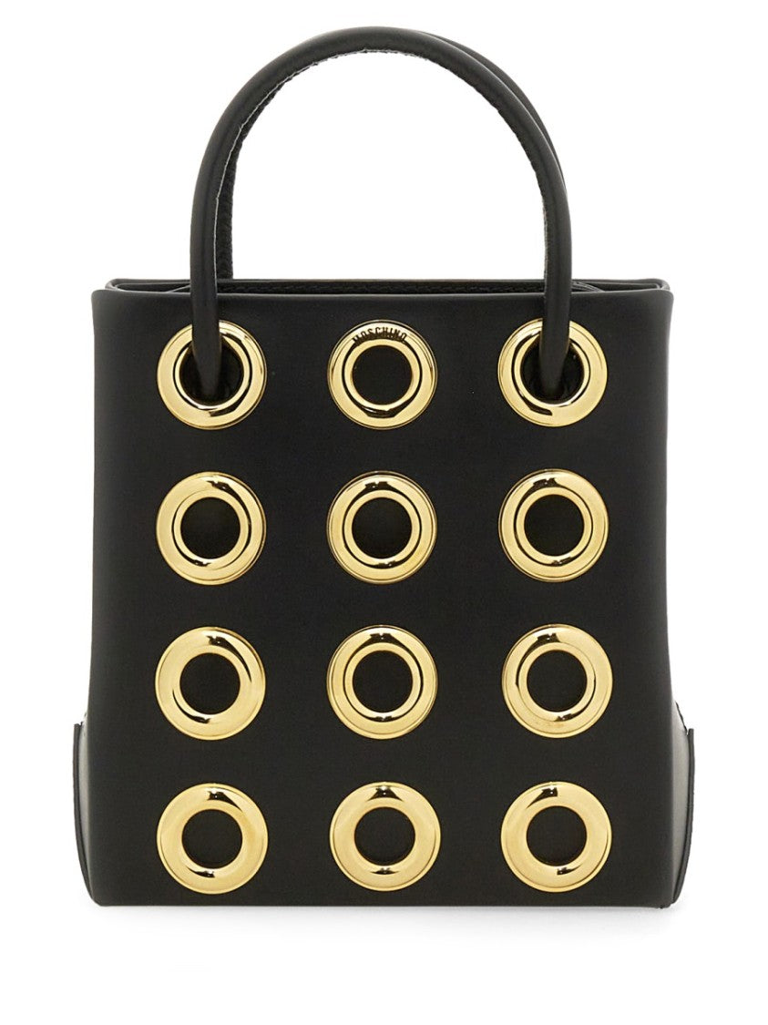 Structured Black Leather Bag With Gold Grommet Details