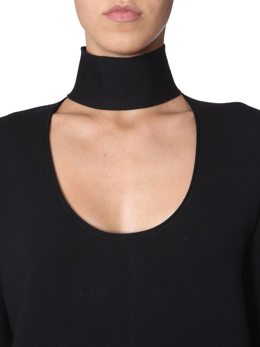 High Neck Midi Dress with Deep Neck