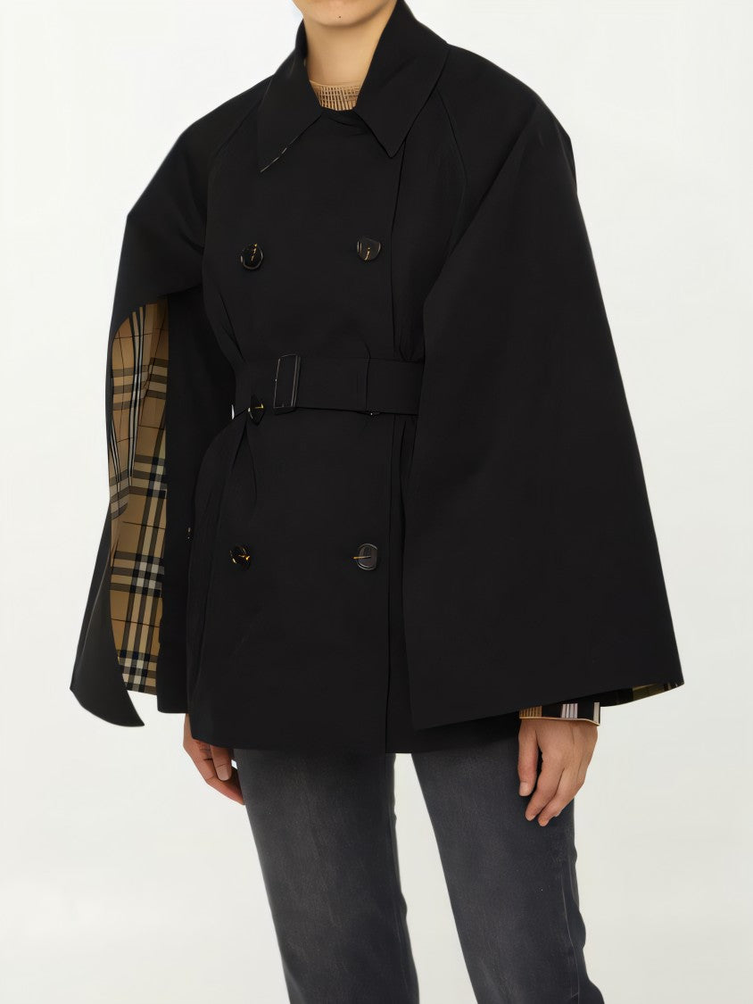Oversized Black Coat with Check Interior