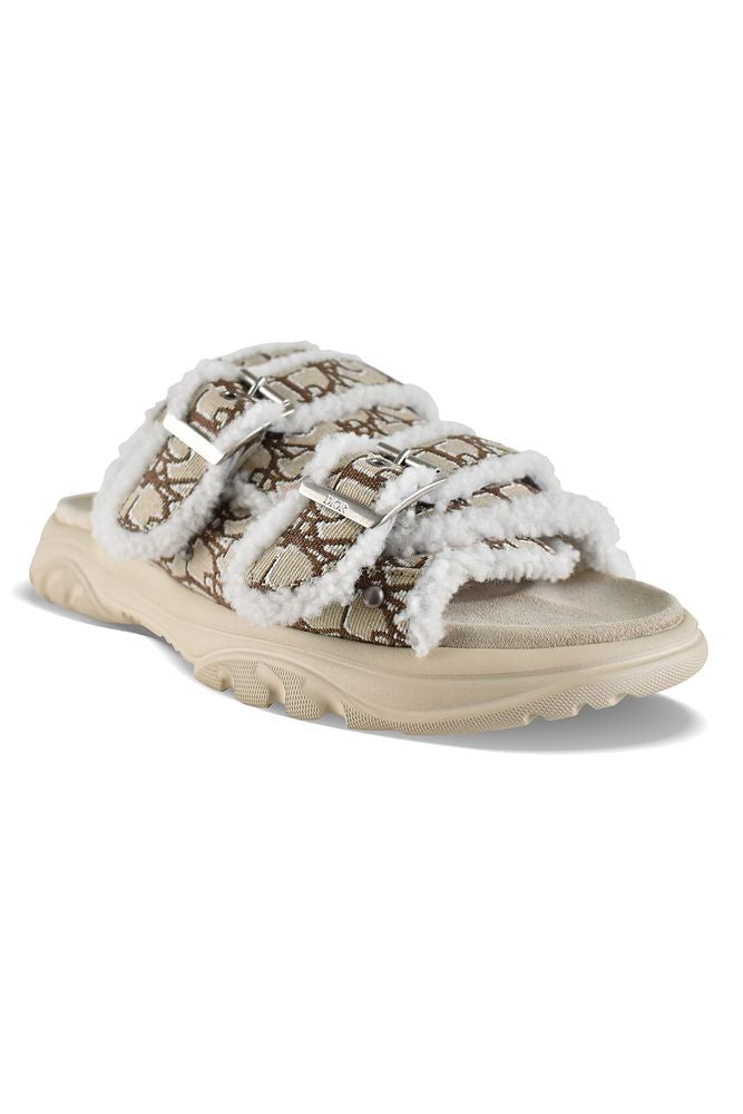 Beige Canvas Sandals With White Shearling