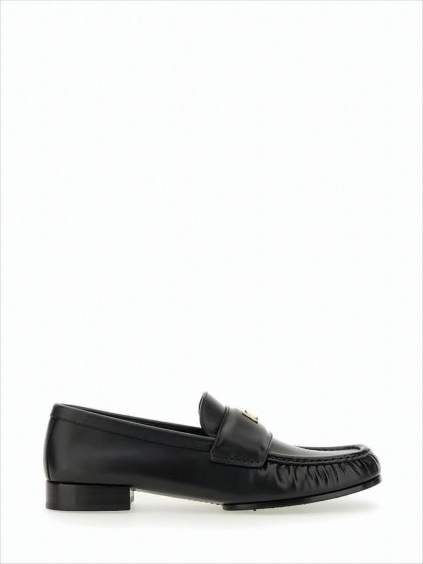Black Lambskin Loafers with Moccasin Toe and Gold Emblem
