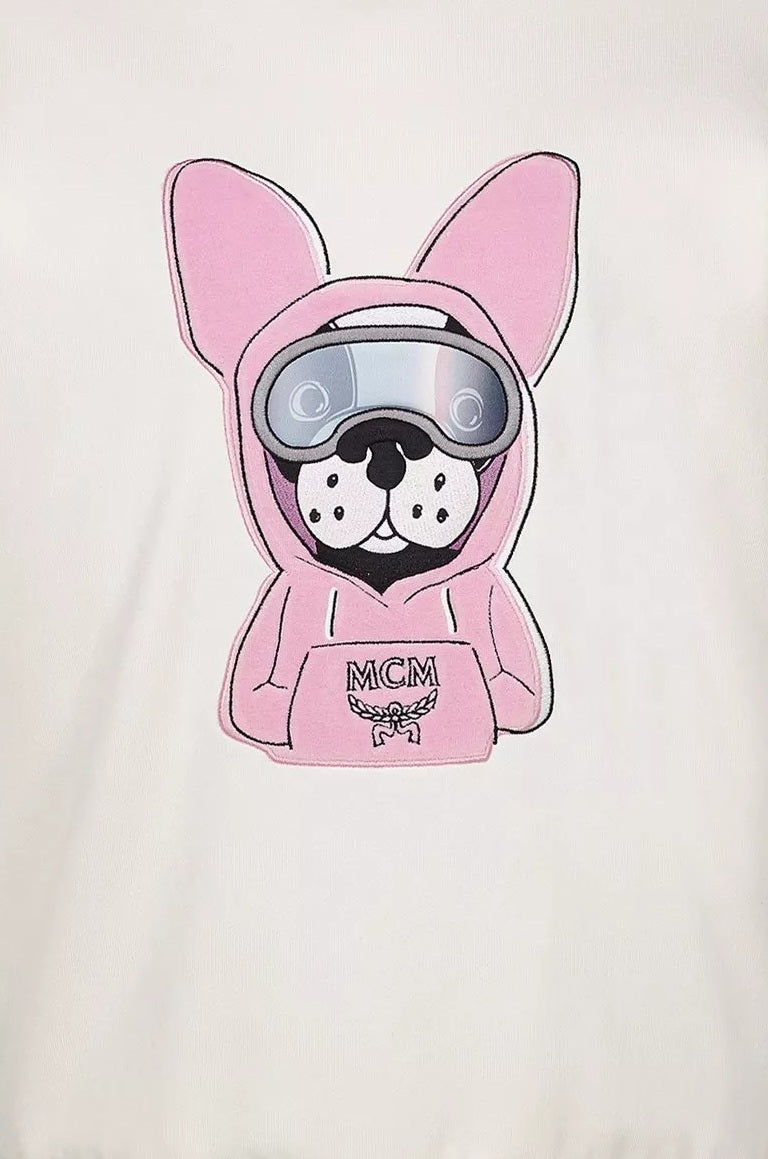 White Cotton Sweatshirt with Playful Dog Graphic