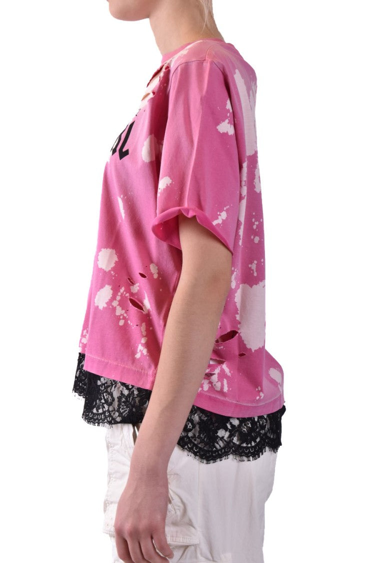 Fuchsia Worn Effect Logo Print T-Shirt With Laced Hem
