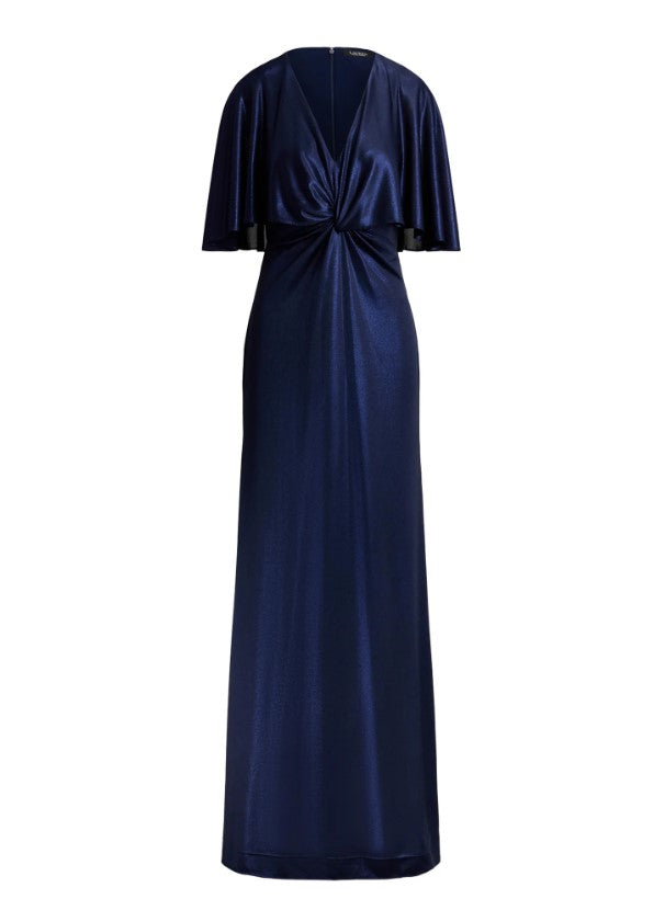Blue V Neck Cape Front Dress