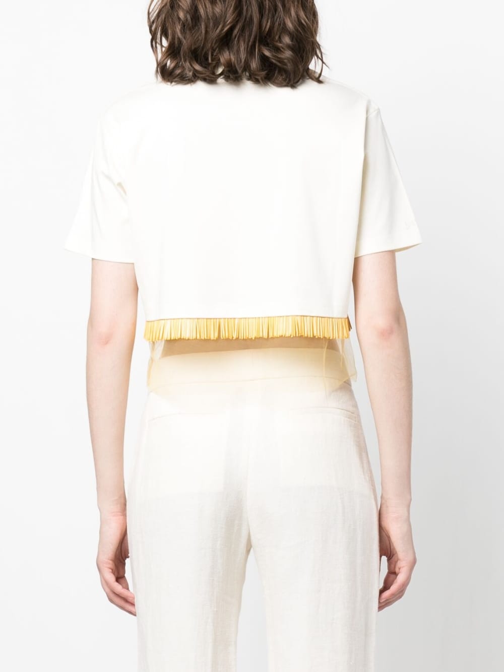 Fringed Cropped T-Shirt with Tulle Inserts