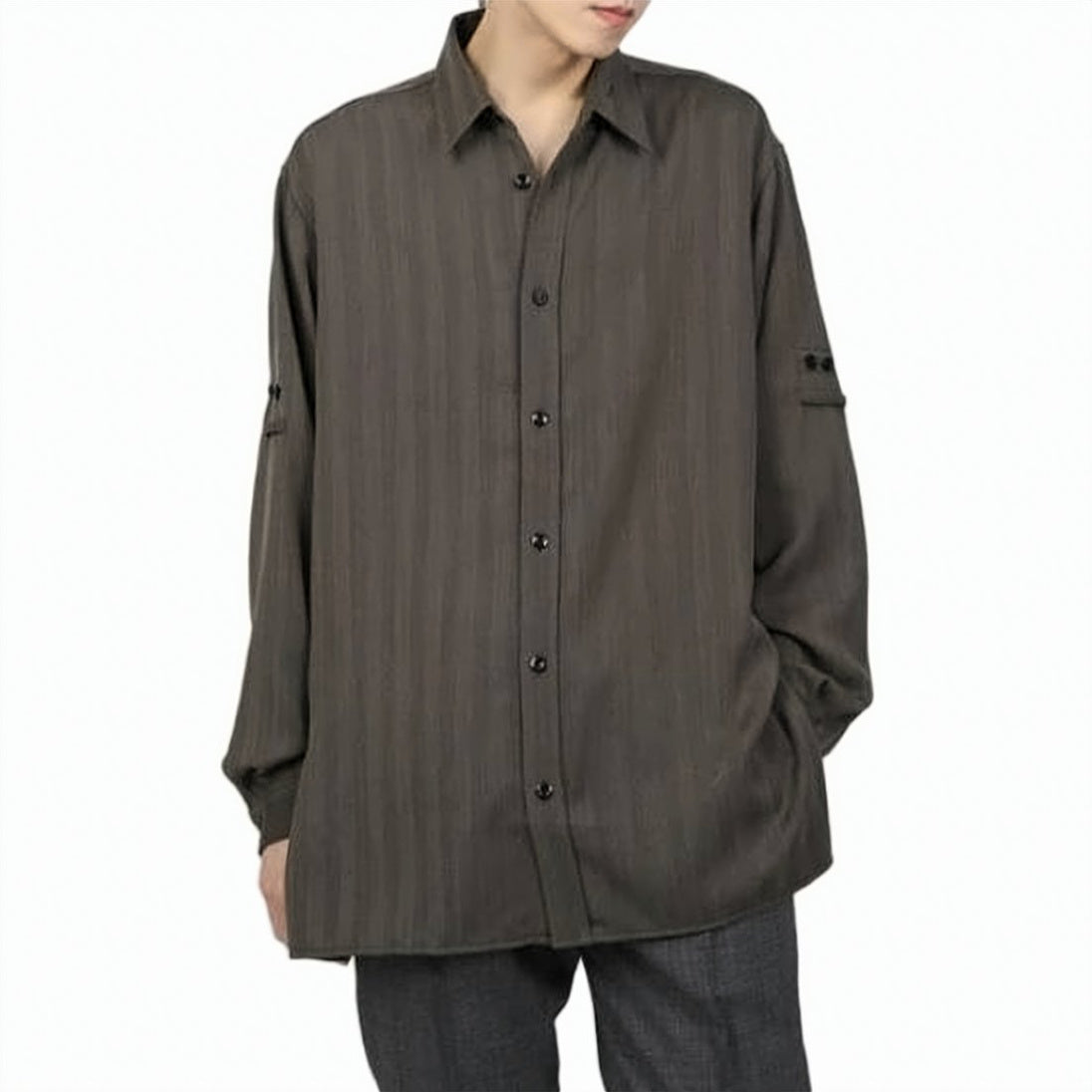 Relaxed Fit Long-Sleeve Shirt with Vertical Stripe Texture