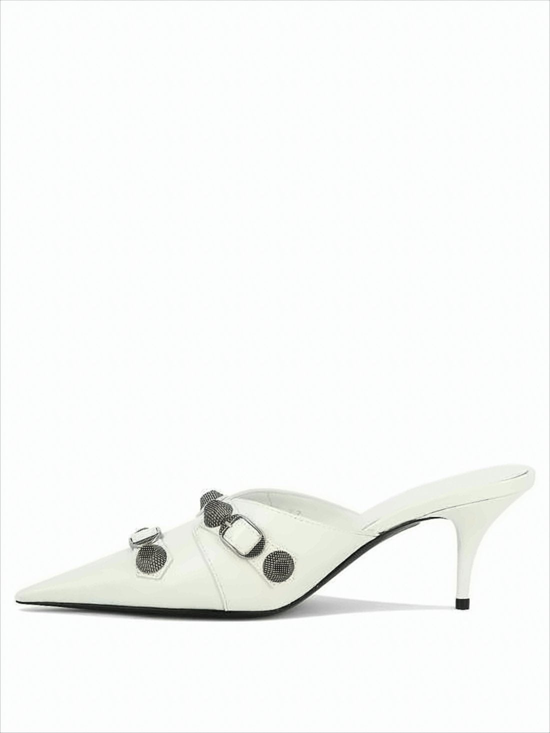 White Pointed Toe Mule with Decorative Buckle and Stud Accents