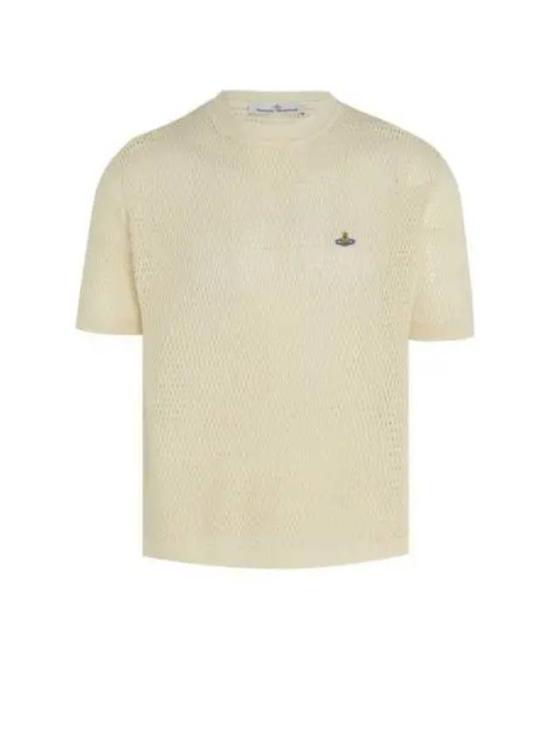 Textured Knit Short-Sleeved Sweater with Emblem