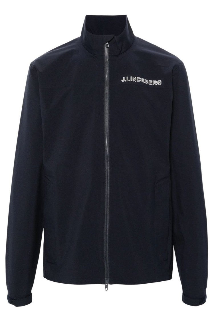 Minimalist Blue Polyester Jacket with Stand Collar and Zipper