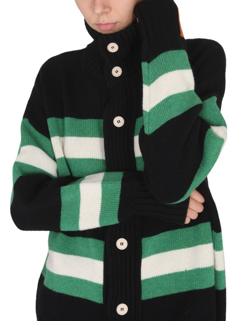 High Neck Button Closure Striped Cardigan