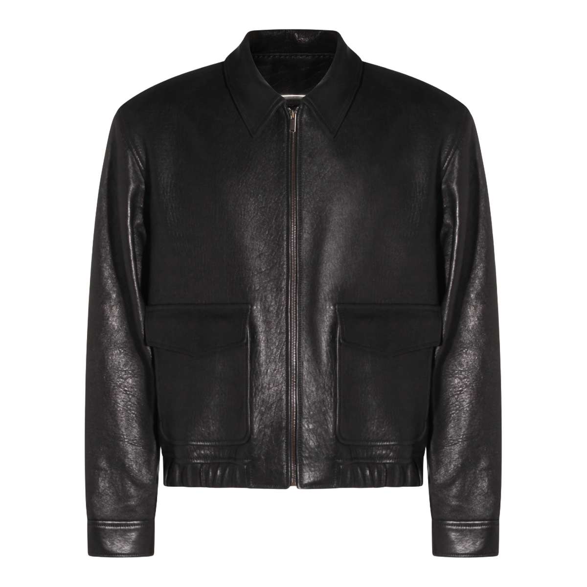 Fitted Black Leather Jacket With Textured Finish