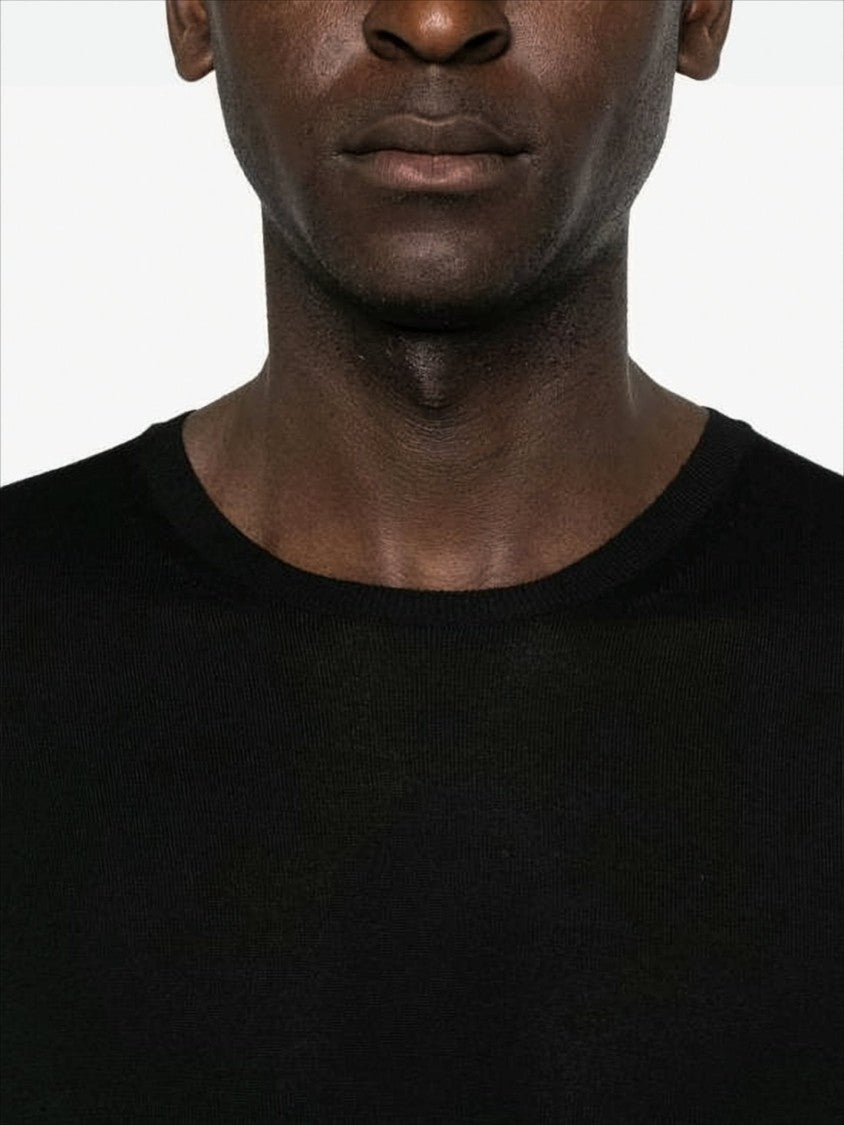 Crew Neck Black Wool Sweater with Ribbed Detail
