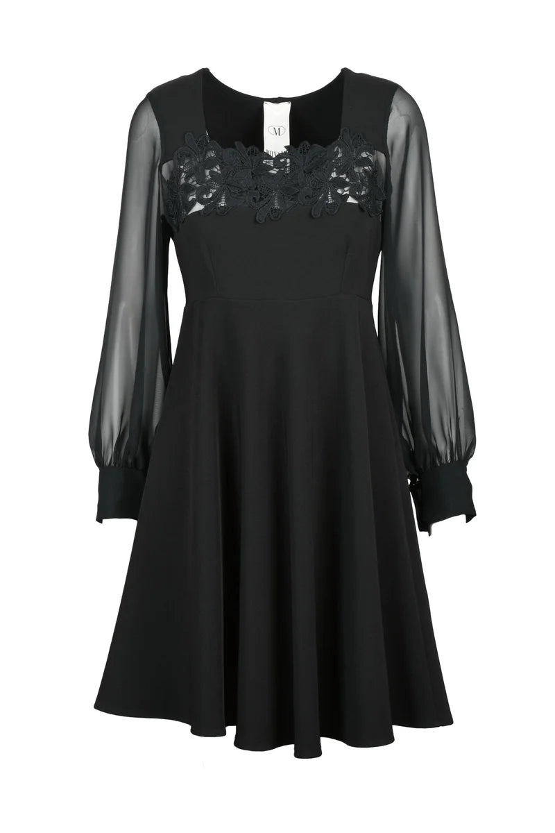 Flared Dress with Puff Sleeves - Black
