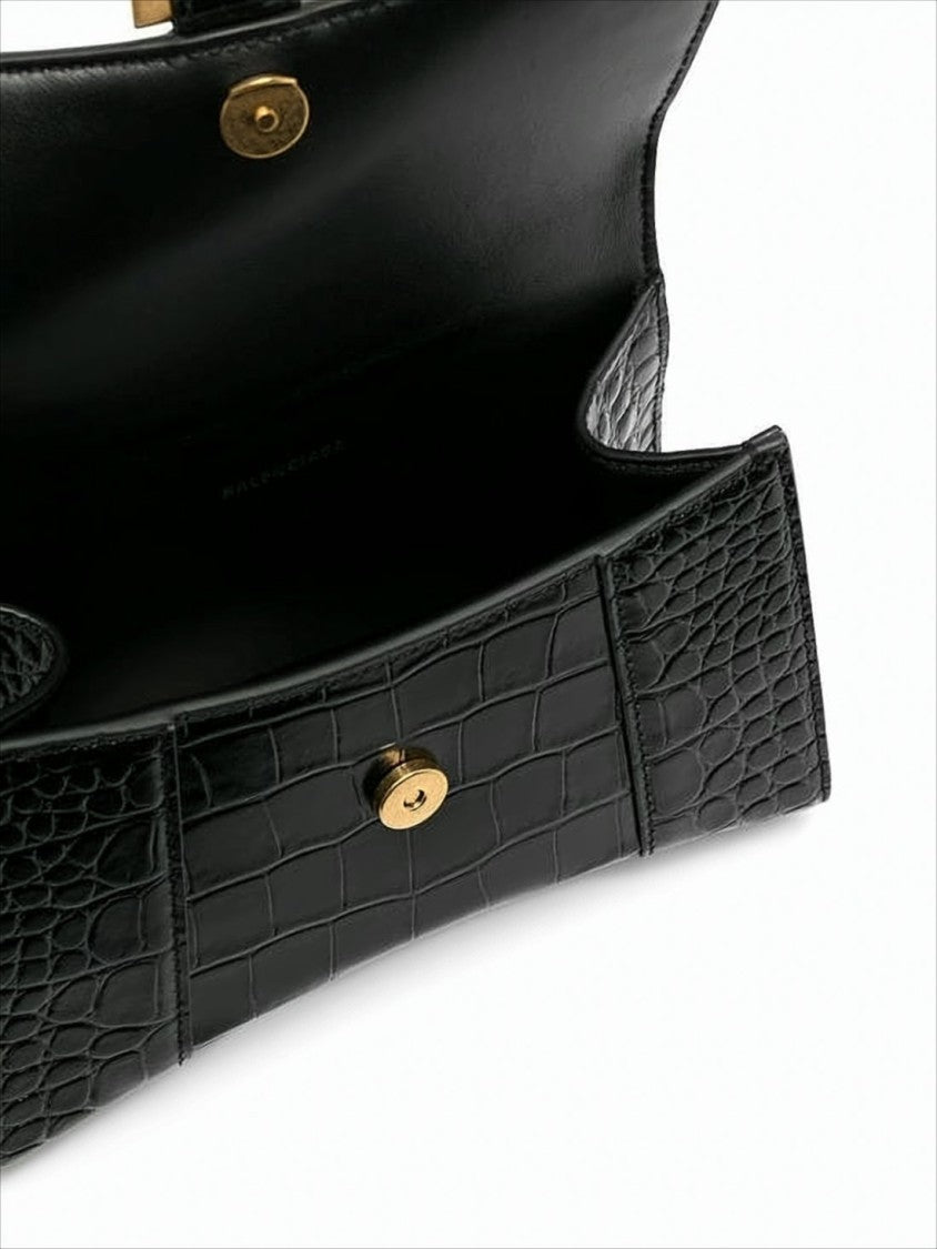 Glossy Black Crocodile-Embossed Shoulder Bag With Gold Logo Clasp