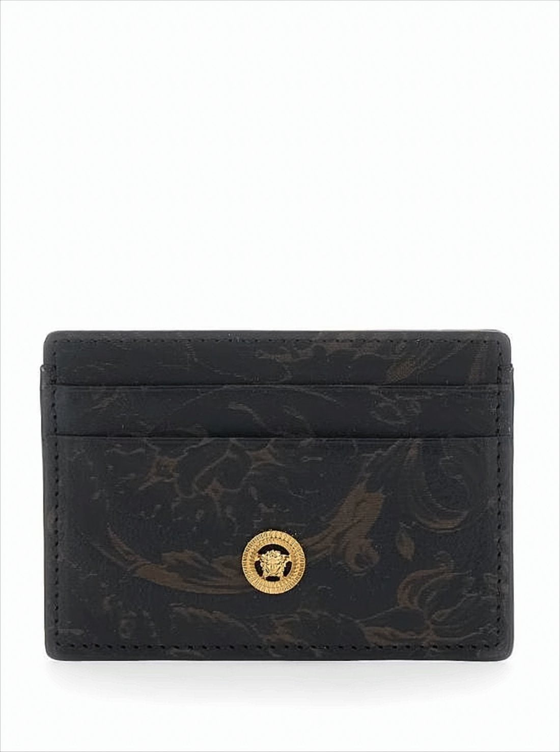Textured Leather Card Holder with Medusa Emblem