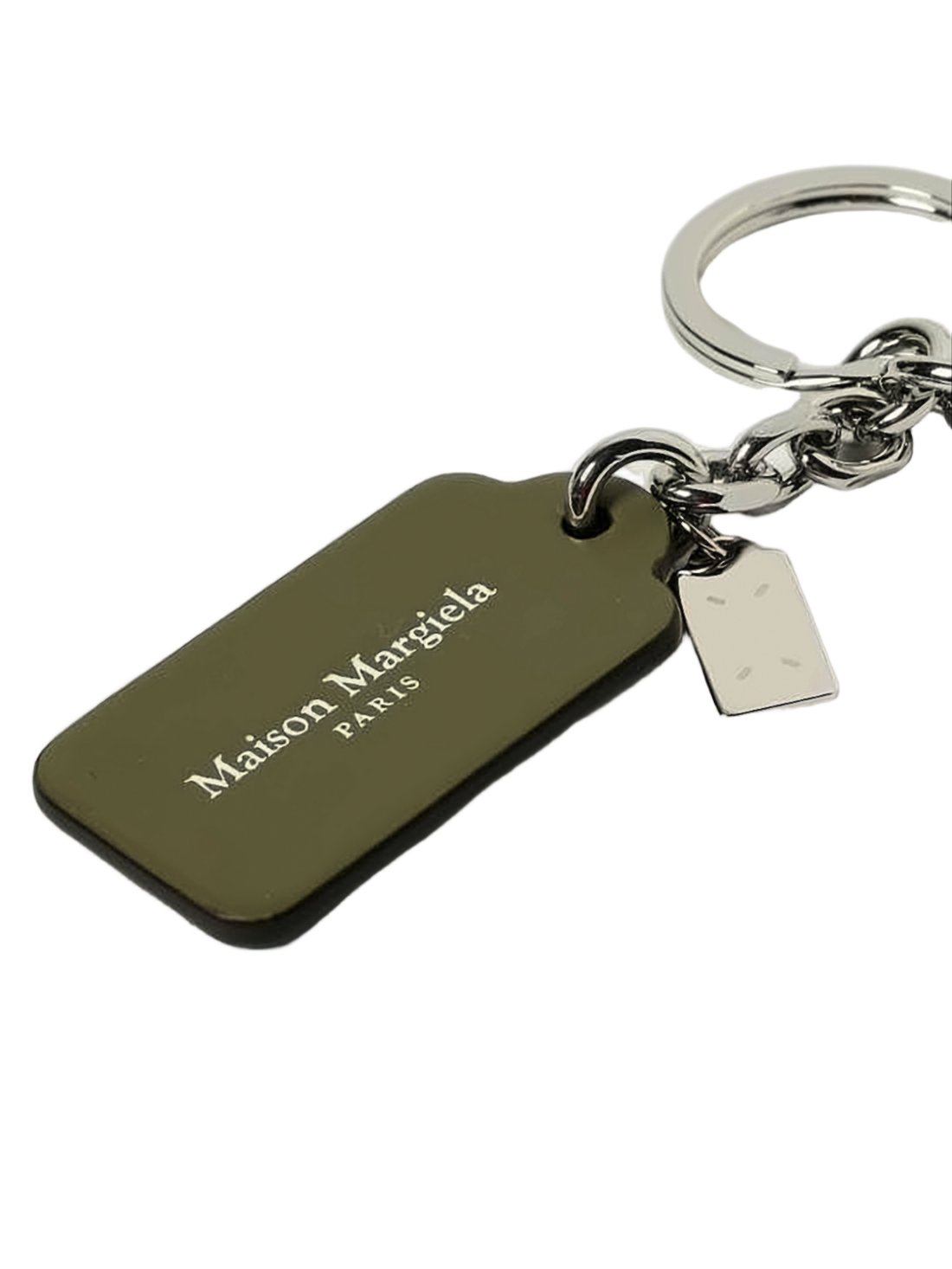 Rectangular Green Leather Tag Keyring with Silver Chain