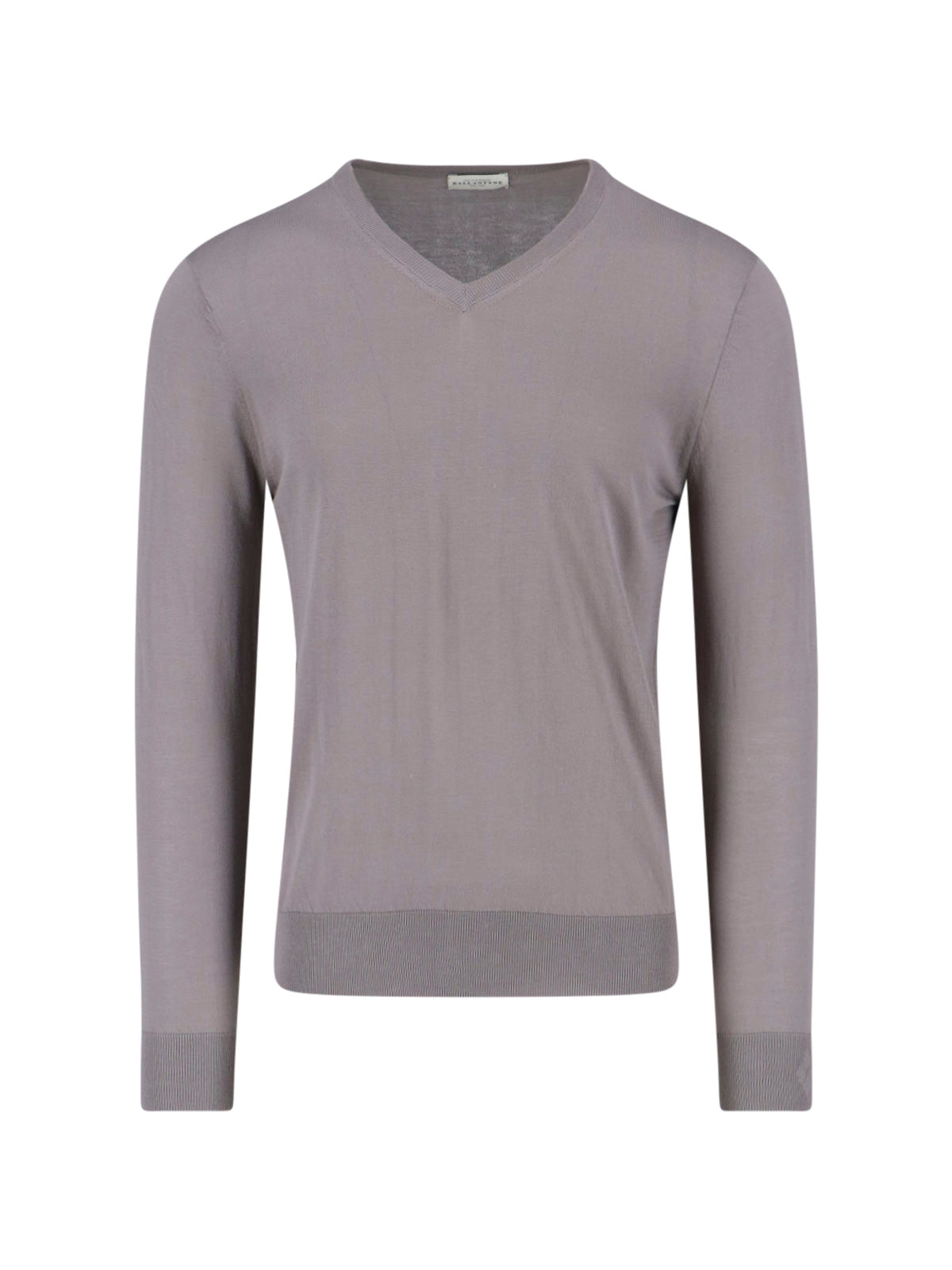 Grey V-Neck Ribbed Cotton Knit Sweater