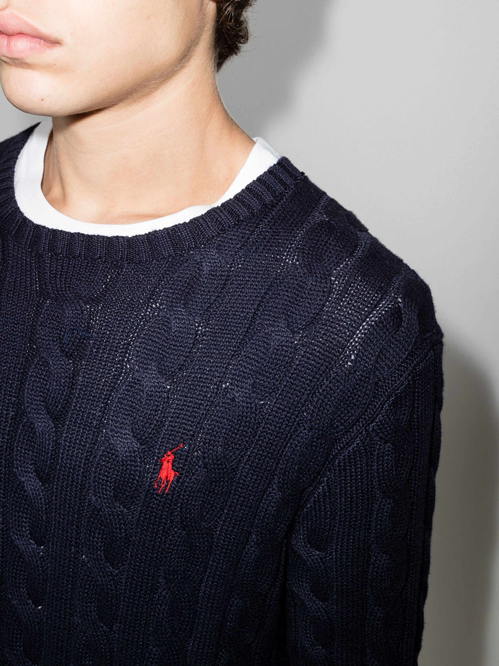 Blue Pullover Cable Knit Cotton Sweater