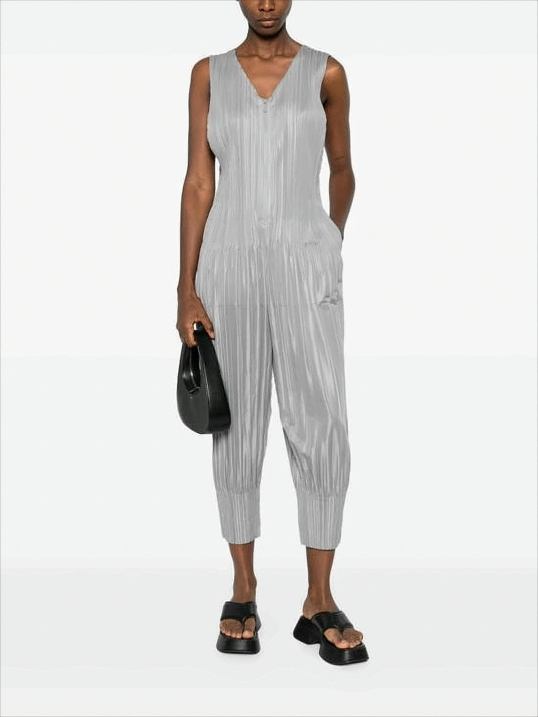 Pleated Textured Sleeveless Jumpsuit with V-Neckline