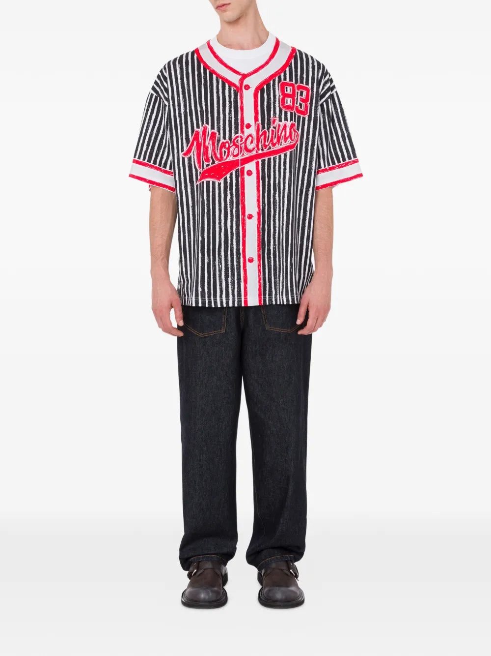 Vertical Stripe Shirt With Red Accents And Iconic Logo
