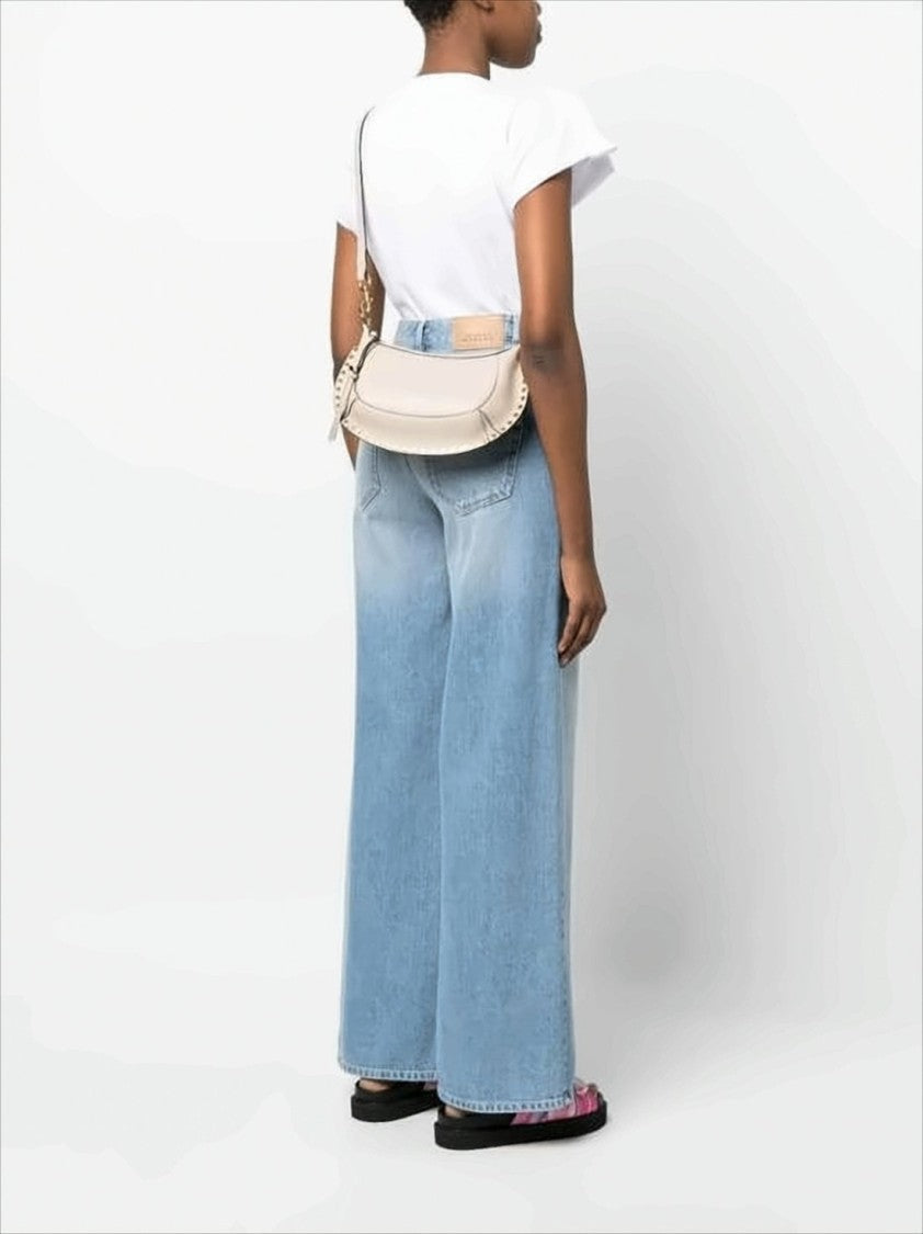 Crescent-Shaped Leather Crossbody Bag with Gold-Tone Studs