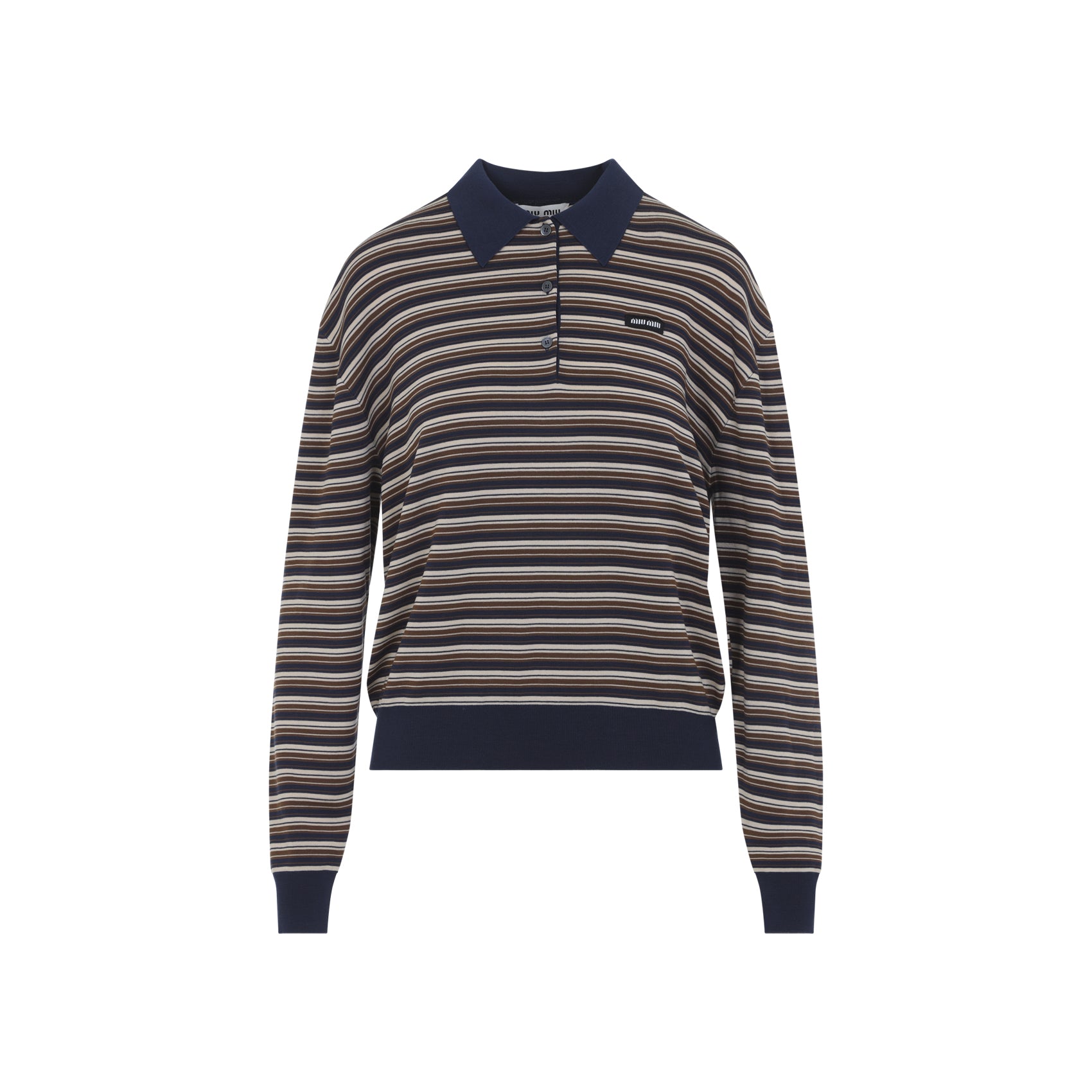 Long-Sleeve Striped Polo Shirt with Dark Collar