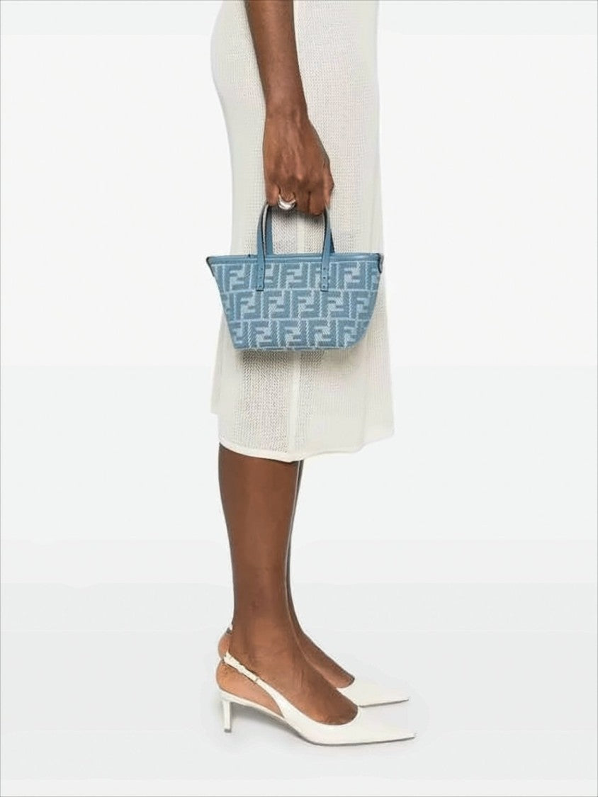 Trapezoidal Woven Fabric Tote Bag With Leather Trim
