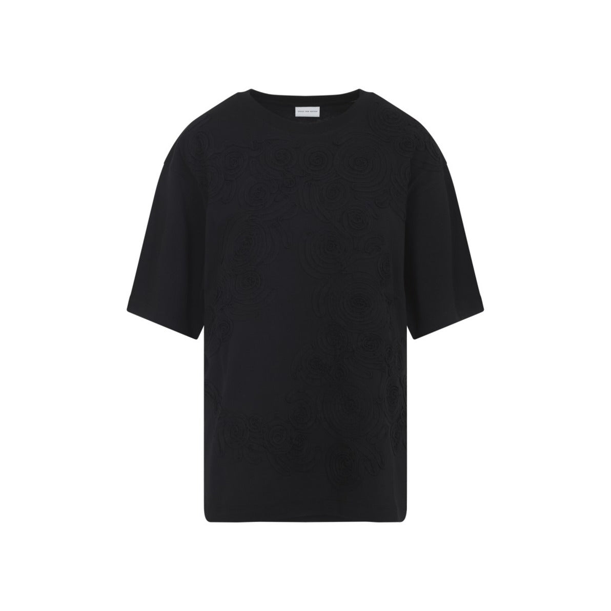 Black Short-Sleeve T-Shirt With Tonal Swirl Embroidery