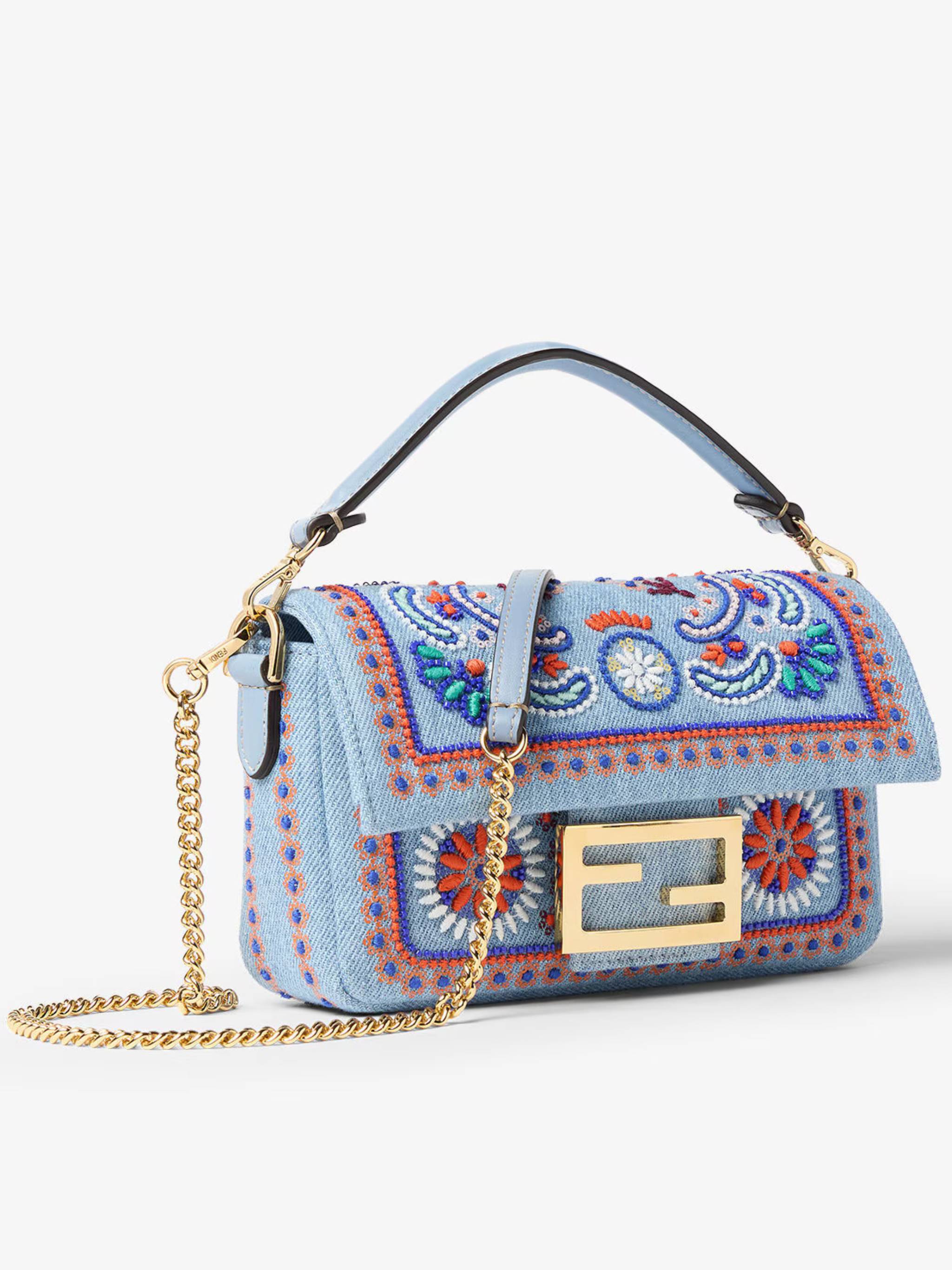 Rectangular Denim Mini Baguette with Floral Embroidery and Gold-tone Clasp