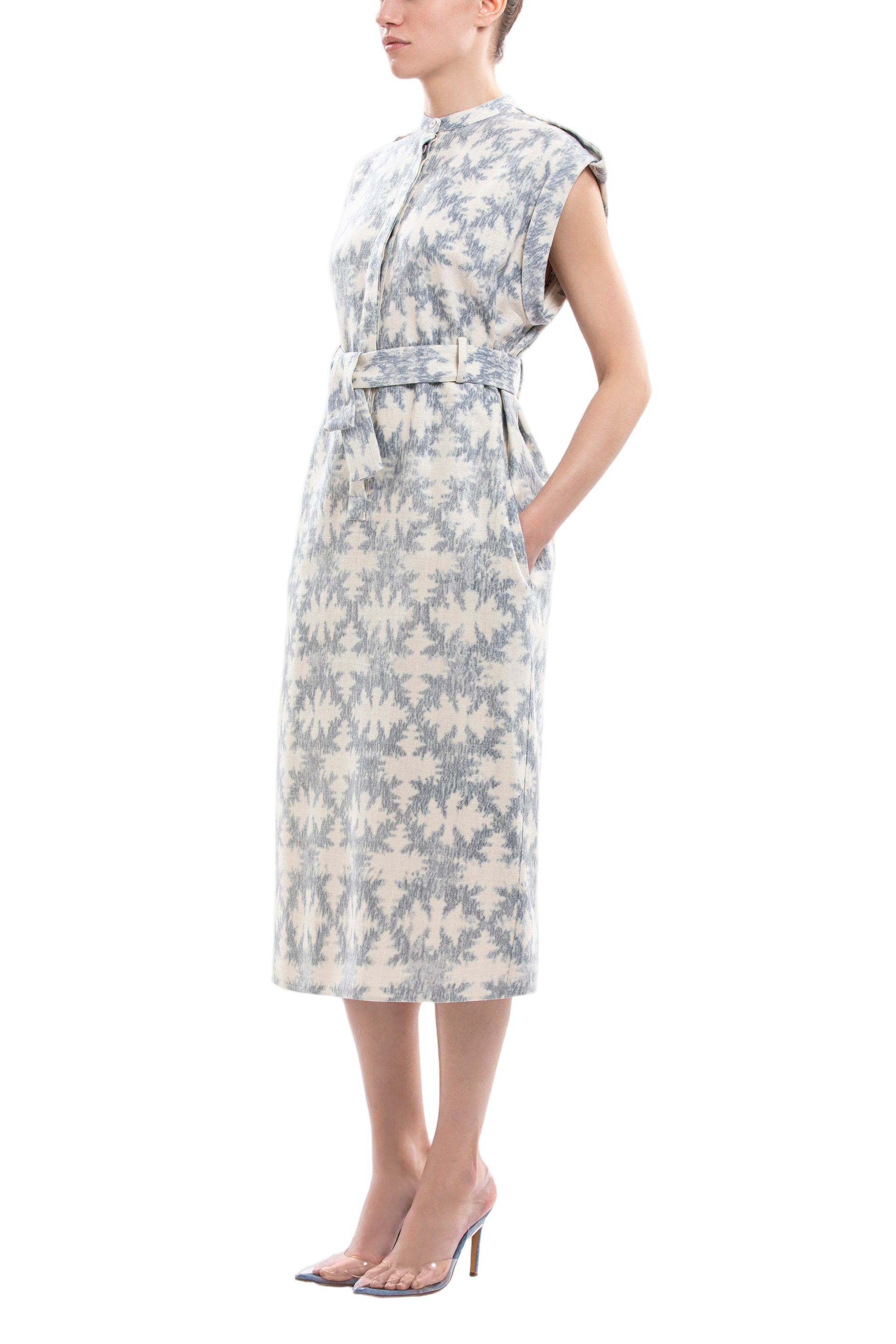 Structured Midi Linen Dress with Detachable Belt and Buttoning Tab