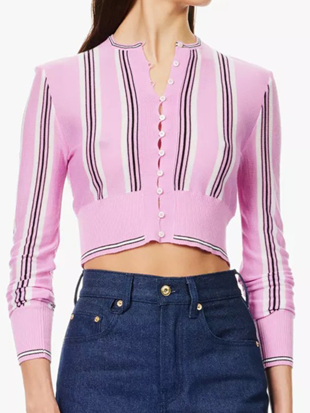 Cropped Vertical Stripe Cardigan with Button-Down Front
