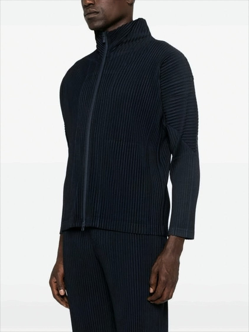Textured Zip-Up Hooded Sweatshirt With Vertical Pleats