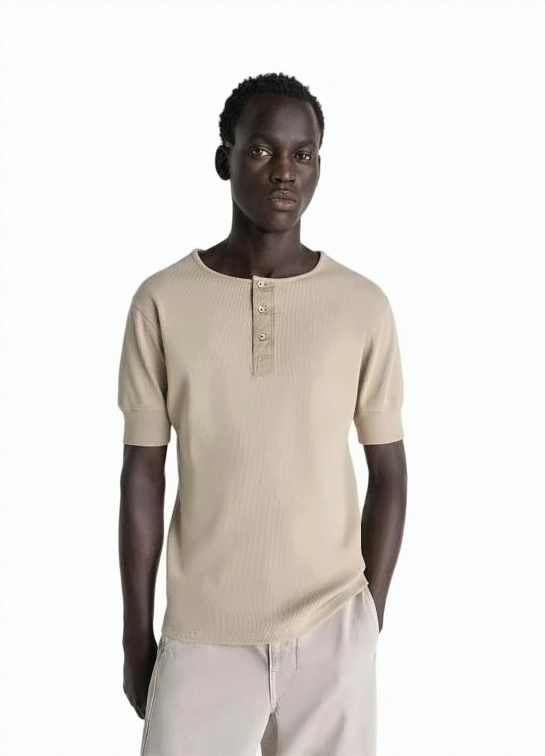 Ribbed Beige Short-Sleeved Knit Top With Buttoned Placket