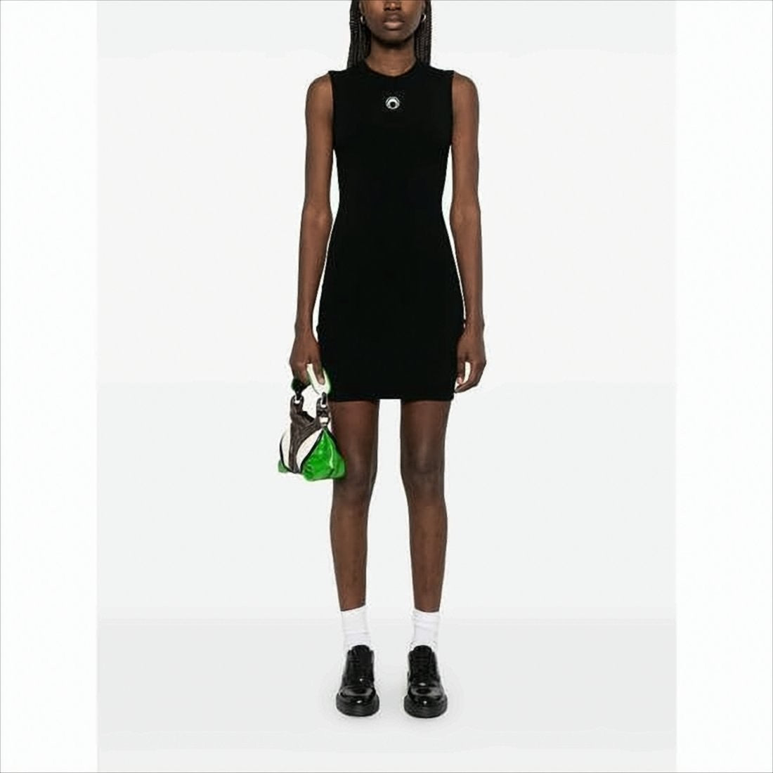Fitted Black Mini Dress with Circular Emblem
