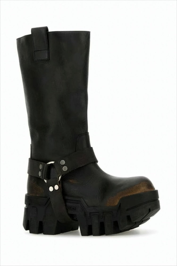Mid-Calf Black Calf Leather Boots with Harness Strap and Chunky Sole