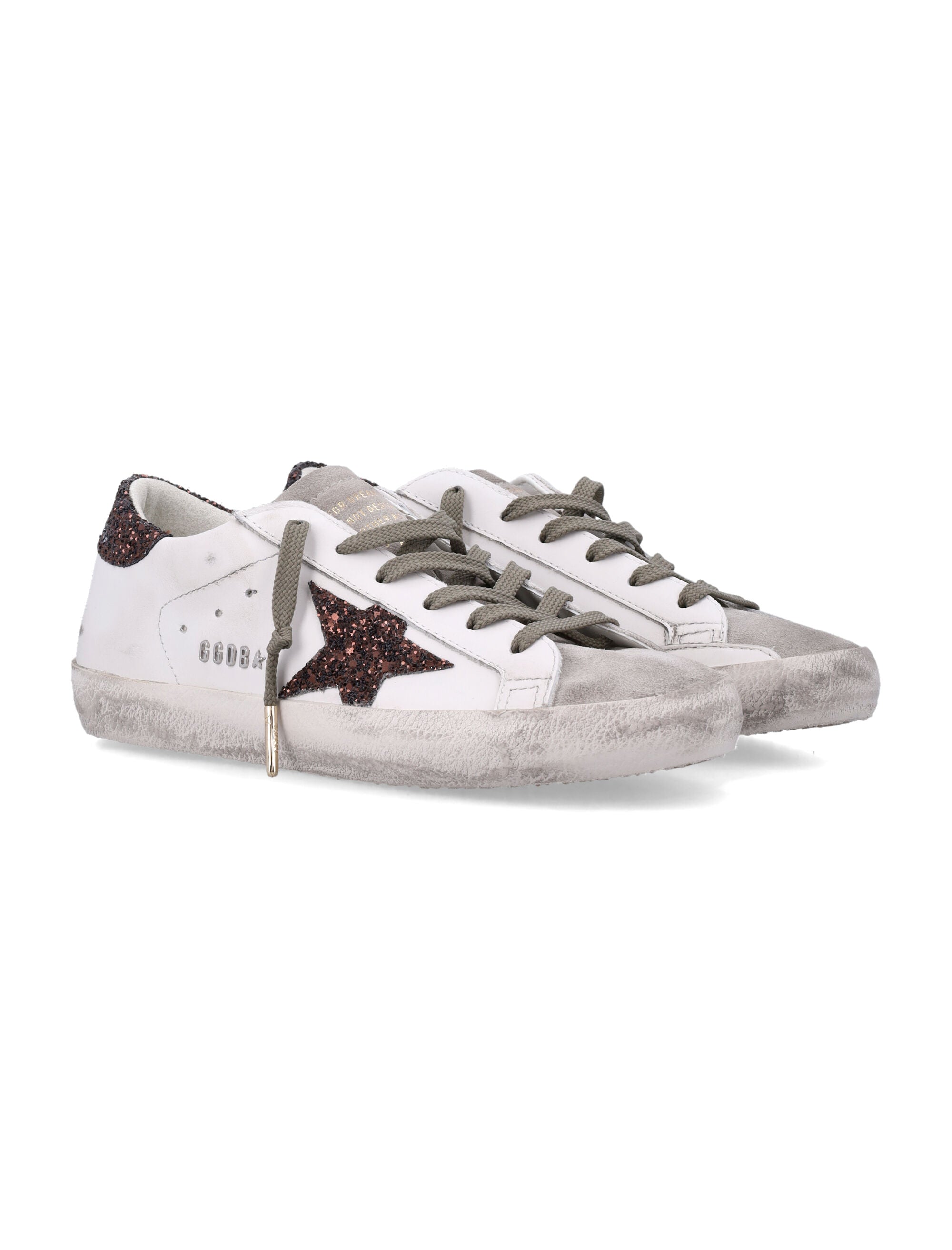 Vintage Leather Sneakers with Glitter Star Appliqué