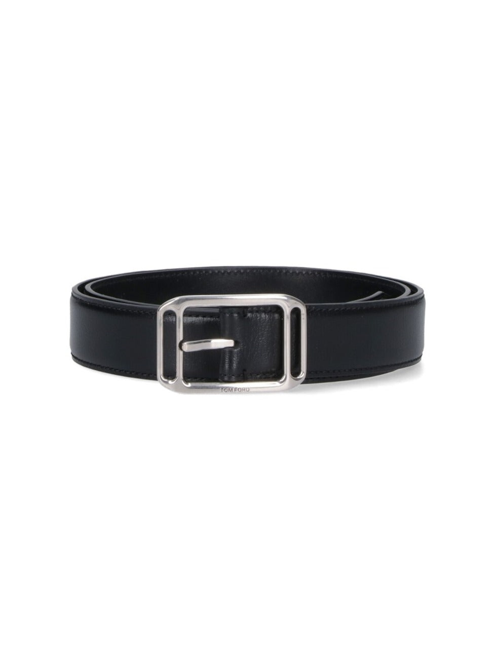 Polished Silver Buckled Black Leather Belt