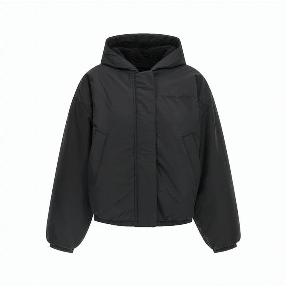 Dual-Texture Black Jacket with Hood and Concealed Zipper