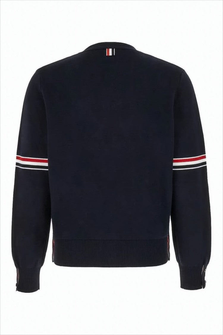Cropped Blue Cardigan with Deep V-Neck and Tricolor Accent